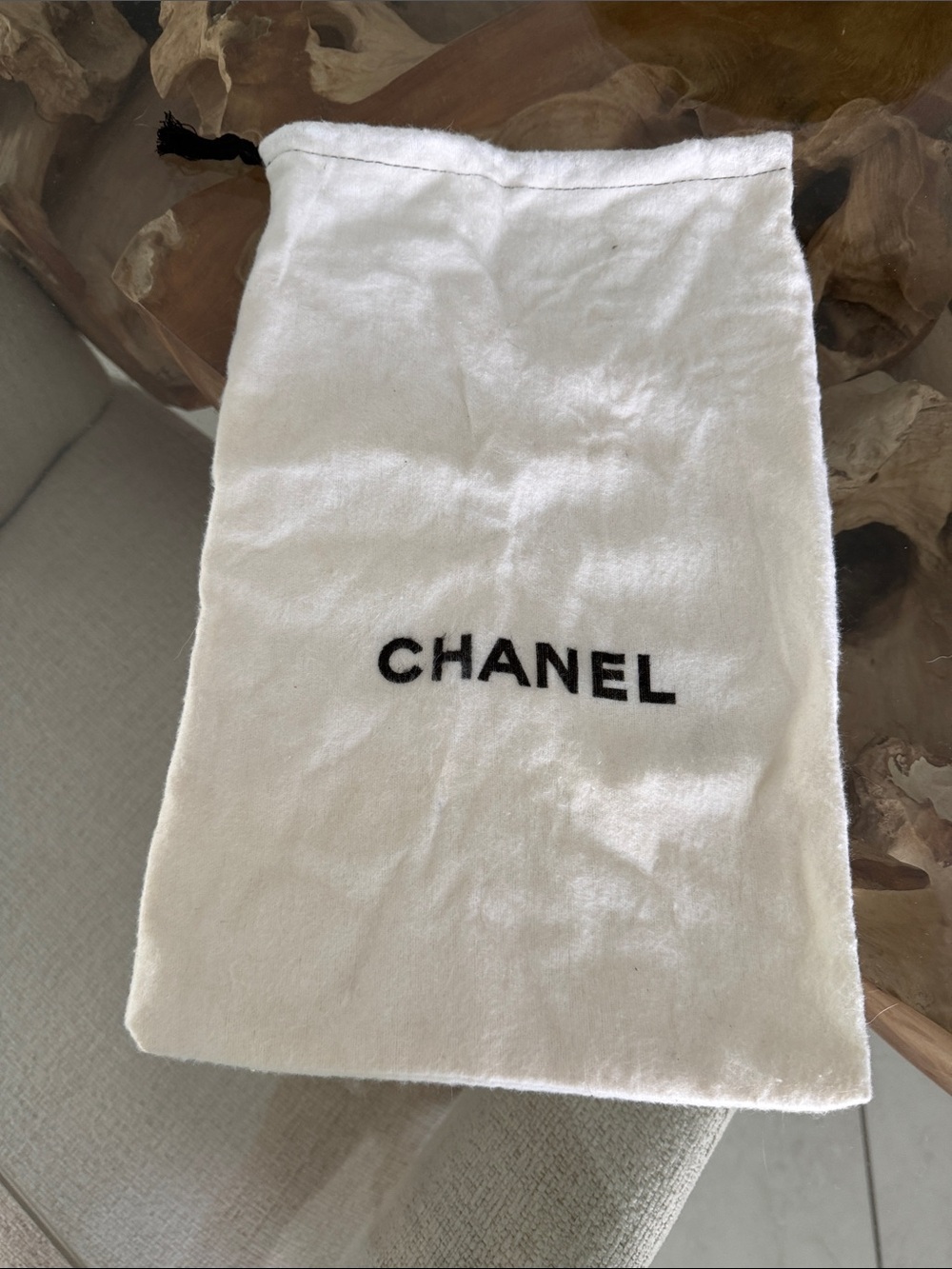 CHANEL White fabric cloth Drawstring Pouch with Black Logo and Cord
